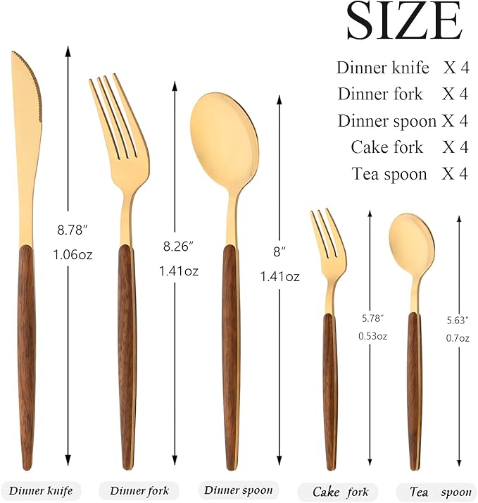 20 Piece (4 Set) Wood Handle Silverware Set, Retro 18/0 Stainless Steel Cutlery Set, Kitchen Utensils Include Knife Fork Spoon, Mirror Polish, Gold