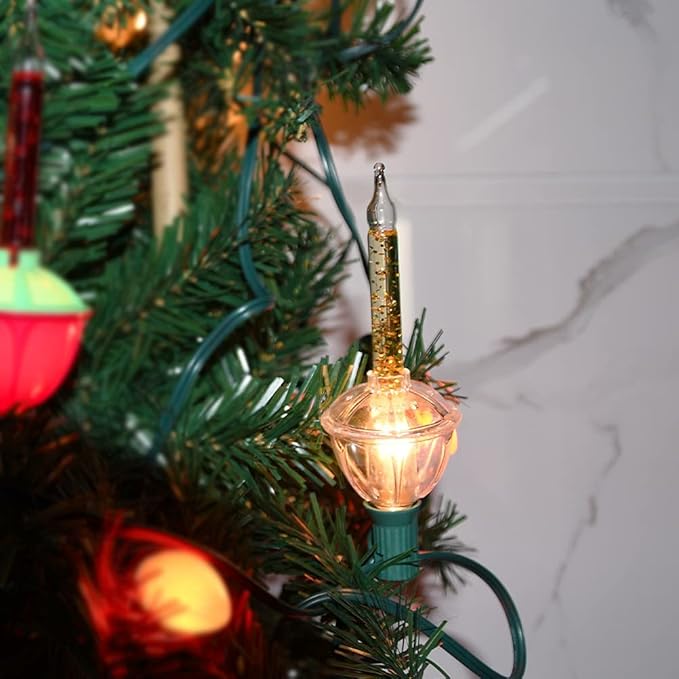 SUNSGNE Christmas Bubble Lights, 8.8Ft Vintage Bubble Lights with 10 Gold Glitter Bulbs(1 Spare), C7/E12 Candelabra Base, Gold Christmas Light, Green Wire