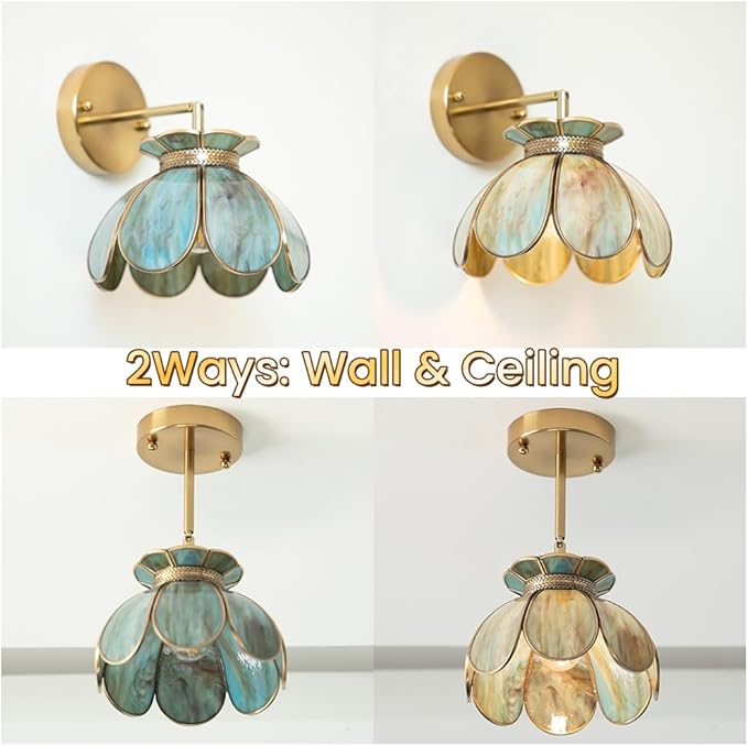 Mini Brass Semi Flush Mount Ceiling Light, Wall or Celing 2-Way Mounted Light Fixture, Vintage Flower for Kitchen Island, Dining Room, Living Room, Vanity Sconces. UL Listed, Blue-green Mixed