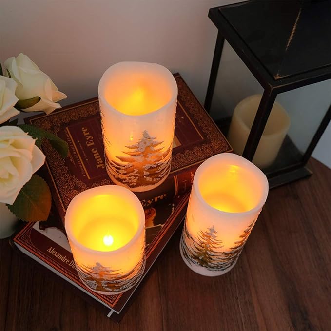 DRomance Christmas Flameless Candles with 6 Hour Timer, 3 Pack Real Wax LED Pillar Candles Warm Light Flickering Holiday Decor(Green Christmas Tree, 3 x 4,5,6 Inches)