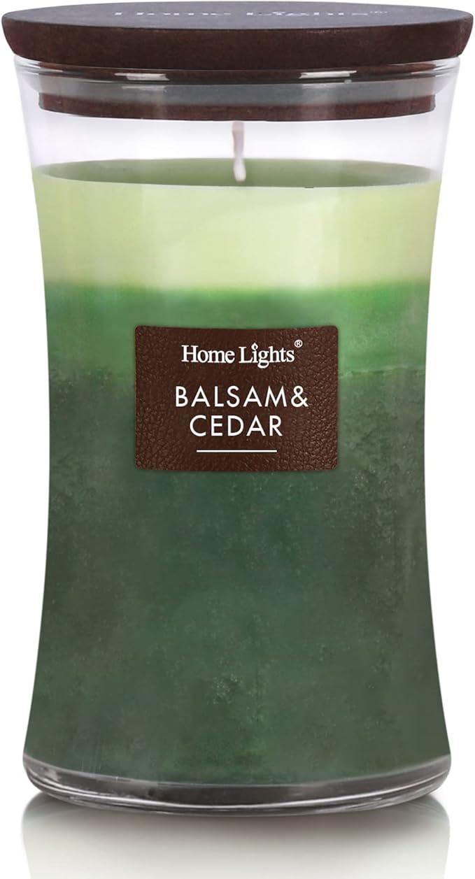 HomeLights 3-Layer Highly Scented Candles - Balsam & Cedar, Hourglass Large Jar Candles for Home - Burns Up to 100 Hours, Natural Soy Wax, Wooden Lid, 21.52 OZ