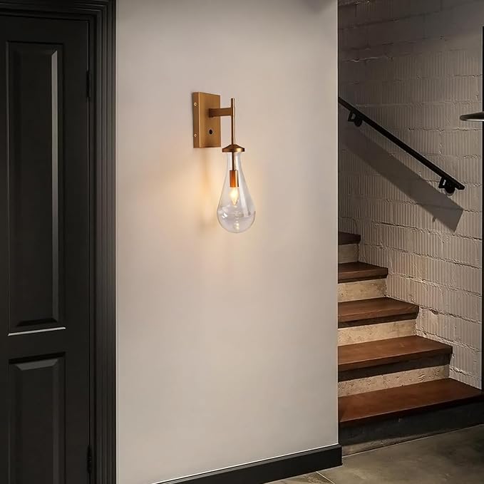 HuisMier Raindrop Wall Sconces, Brushed Brass Glass Wall Sconce with On Off Switch, Modern Wall Light Fixtures Bathroom Wall Lamp for Bedroom Living Room Vanity Hallway