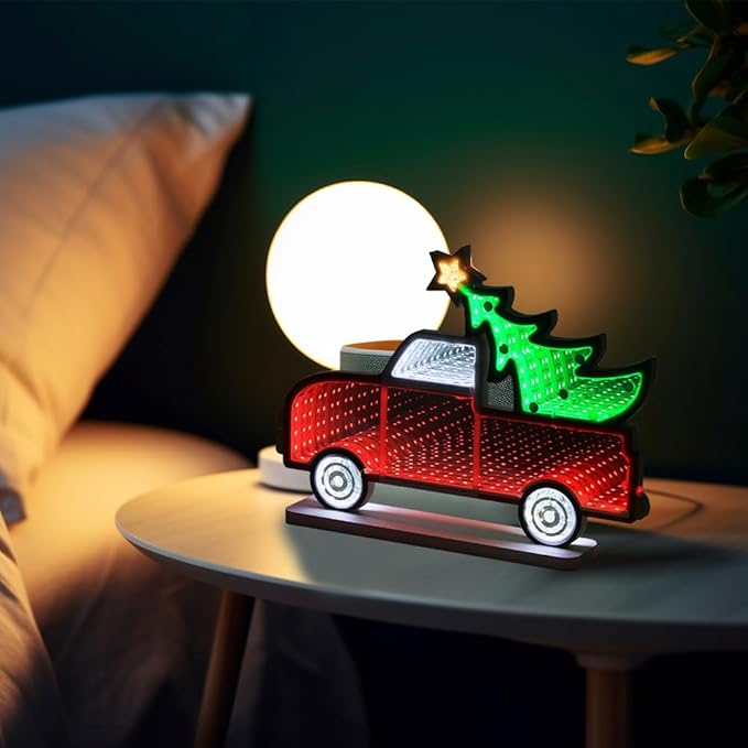 MEETYAMOR Christmas Decorations Indoor, Christmas Tree Truck Infinity Mirror Tunnel Light, 3D Endless Extension LED Night Lamp, USB Powered Colorful Table Centerpiece for Living Room Home Decor
