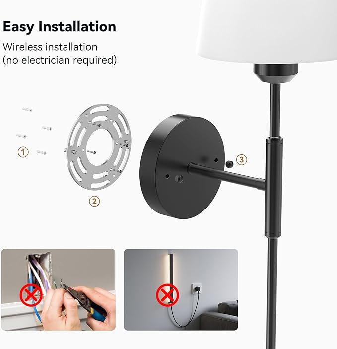 24 inch Battery Operated Wall Sconces Set of 2, Wireless Wall Lights with Rechargeable Bulbs & Remote, 15 Colors & Dimmable, Battery Powered Wall Lights for Bedroom, Living Room, Hallway, Black