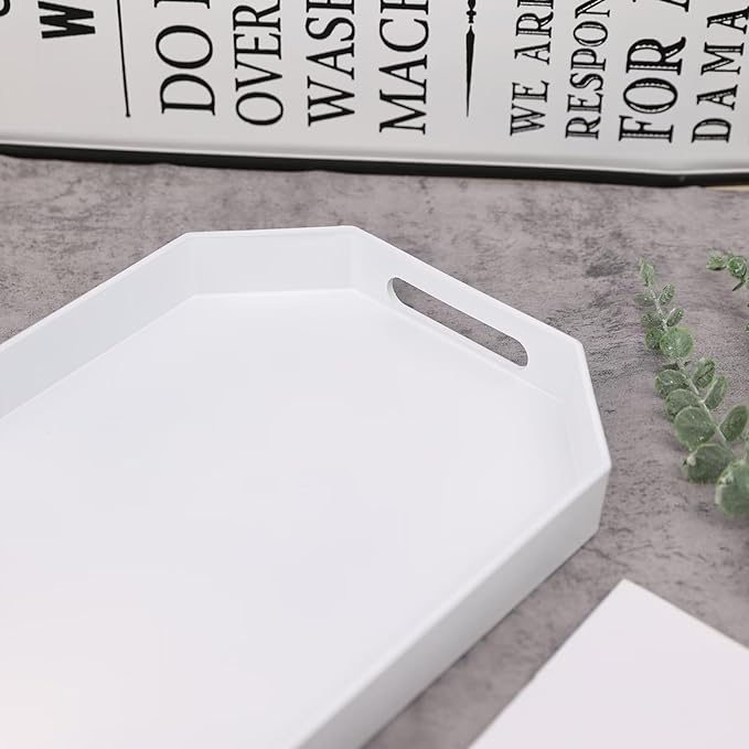 White Octagonal Serving Tray with Handles for Coffee Table, Plastic Decorative Tray for Ottoman, Kitchen Counter, Living Room, Outdoor Lacquer Tray for Entertaining