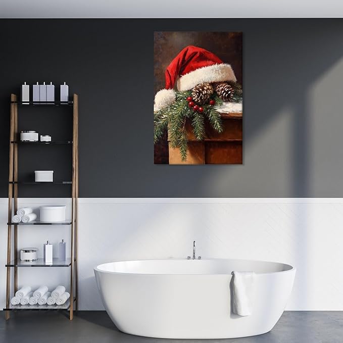 Vintage christmas wall art santa hat painting pine cone winter cottagecore canvas poster for christmas home decor bedroom living room Framed8x12inch