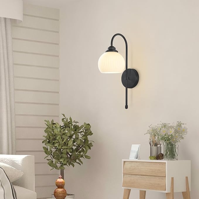 KCO Lighting Vintage Milk Glass Wall Sconce Industrial Black Globe Wall Sconce Set of 2 Mid Century Bathroom Vanity Light Frosted Glass Modern Sconces Wall Lighting