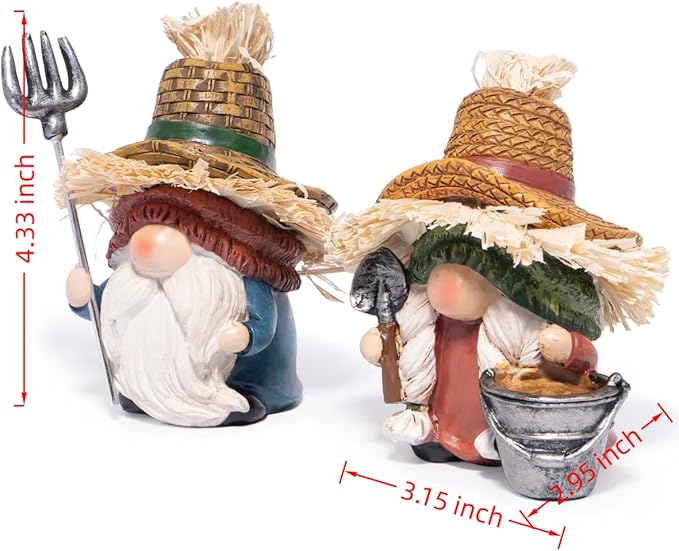 Hodao Fall Scarecrow Farm Gnomes - Couple Figurines with Straw Hats & Farm Tools, Rustic Indoor Outdoor Decor for Home, Porch, Thanksgiving & Harvest Gifts(Green)