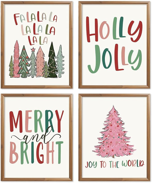 Wheatwin Pastel Christmas Decor, Funny Christmas Tree Wall Art Prints Set of 4, Trendy Decor Christmas Gifts for Bathroom Farmhouse Living Room Bedroom, 8x10 (Unframed)