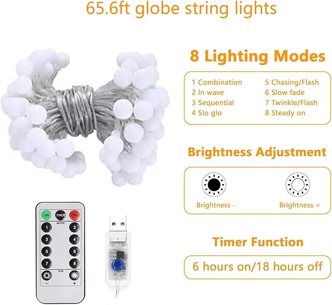 Globe String Lights 65.6 Ft. 160LEDs 8 Modes with Remote,USB Fairy Lights Plug in,Waterproof LED String Lights for Indoor Outdoor Bedroom Party Wedding Garden Christmas Tree Decor,Warm White