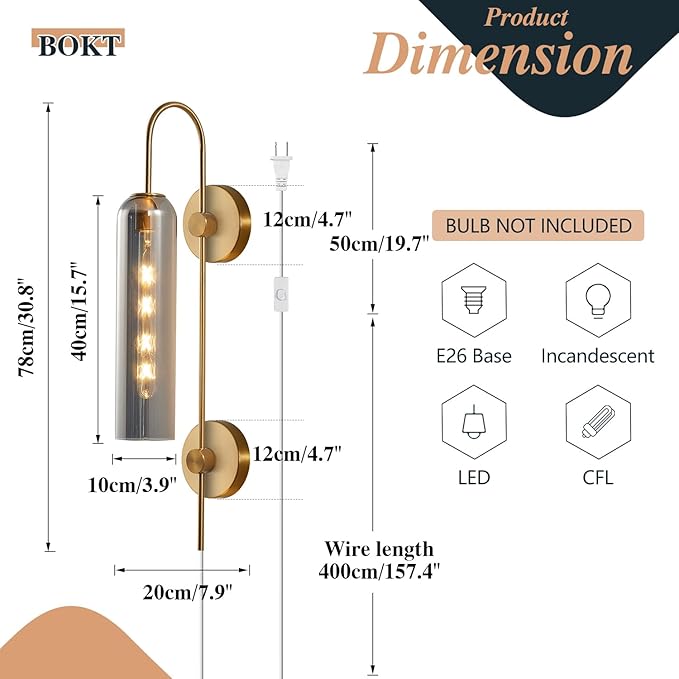 BOKT Mid Century Modern Brass Gold Plug in Wall Light Lamp 1 Light Indoor Smoke Gray Glass Wall Sconce Lighting Single Vintage Wall Mounted Bedroom Lights Plug in Sconces Wall Lighting (Smoke Gray)