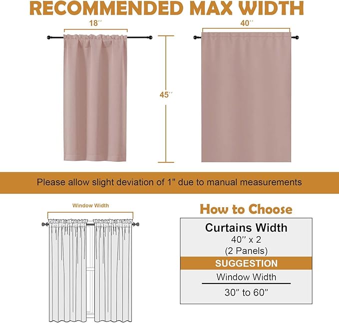 Aiyufeng Blush Short Blackout Curtains for Bedroom 45 Inches Long 2 Panels Set, Solid Thermal Insulated, Energy Saving Window Treatment Curtains Blackout Drapes, W40 x L45 Inch, Blush
