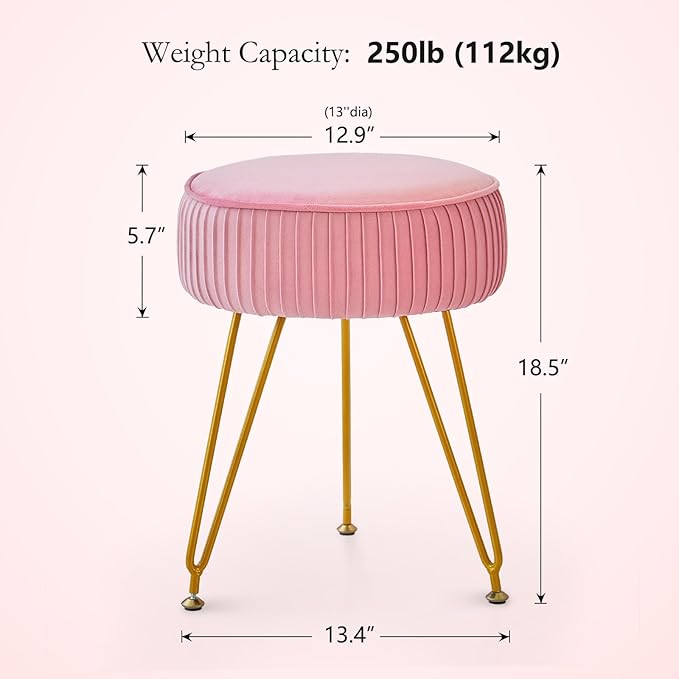 Velvet Vanity Stool Chair, Round Makeup Vanity Chair with Adjustable Metal Legs & Soft Padded Seat, Ottoman Foot Stool for Bedroom, Living Room, Entryway, Pink