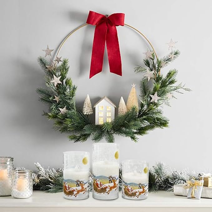 DRomance Santa Claus Glass Flameless Candles Battery Operated Remote and Timer Real Wax LED Flickering Pillar Candles White Cold Light Window Christmas Holiday Decor D3 x H4, 5", 6"