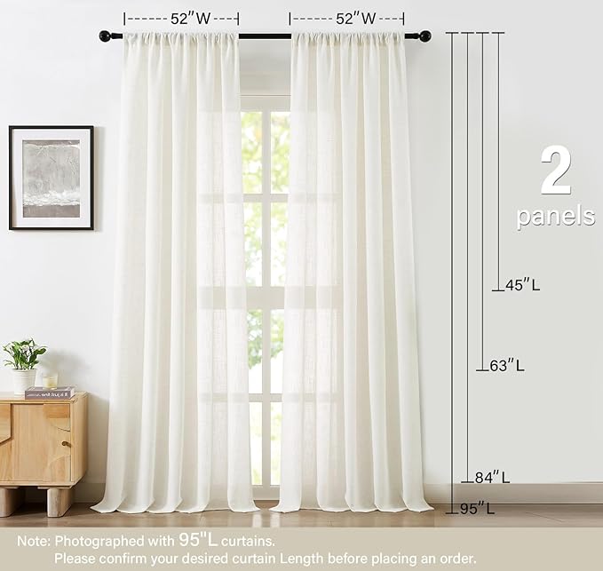 Treatmentex Flax Blend Linen Semi Sheer Curtains 52 x 45 White Light Filtering Privacy Curtains for Small Windows Rod Pocket, 2 Panels