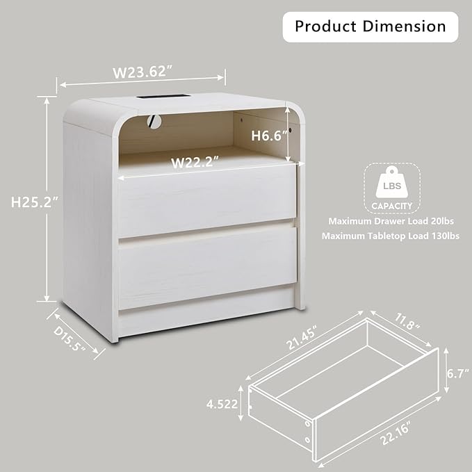 25" Tall Modern Nightstand with Charging Station, 23.6'' Wide Wood Bedside Table w/2 Storage Drawers, Large Mid Century End Table for Bedroom, Living Room, Curved Profile Design, White