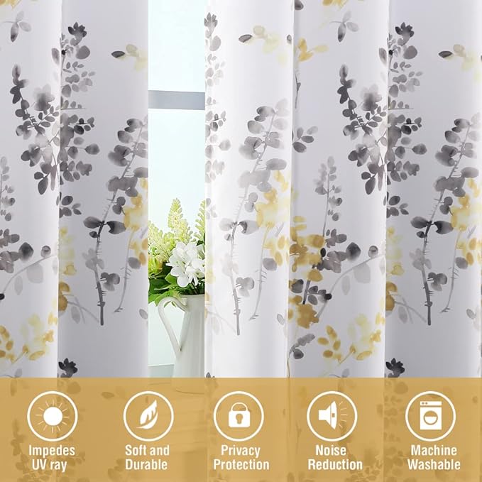 H.VERSAILTEX Floral Curtains 84 Inches Long Printed Pattern Room Darkening Curtains for Bedroom Rod Pocket Window Treatment Curtains, 2 Panels, Classical Floral Grey and Yellow