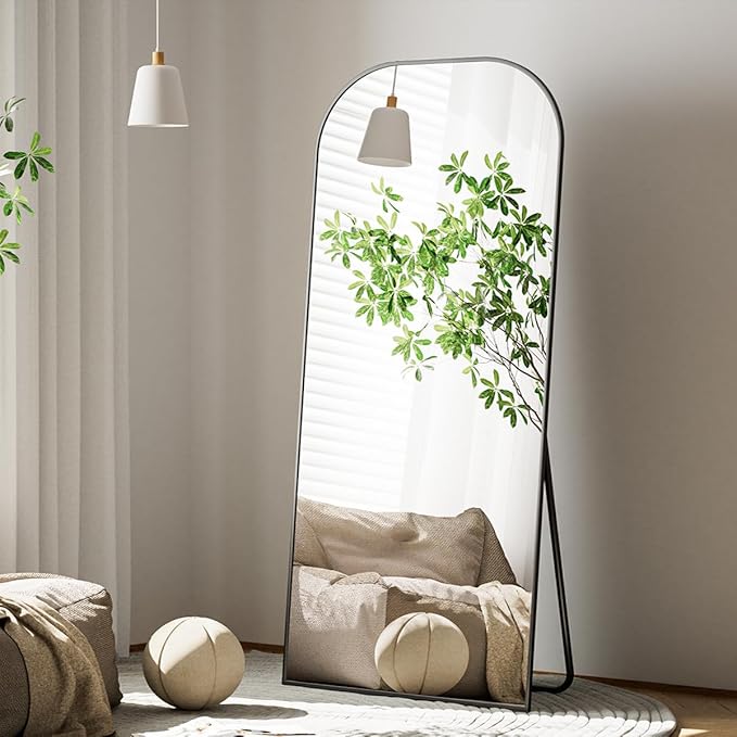 Koonmi Mirror, 71x26 inch Full Length with Stand, Black, Rounded Top, Floor Mount, Aluminum Frame, for Bedroom, Living Room
