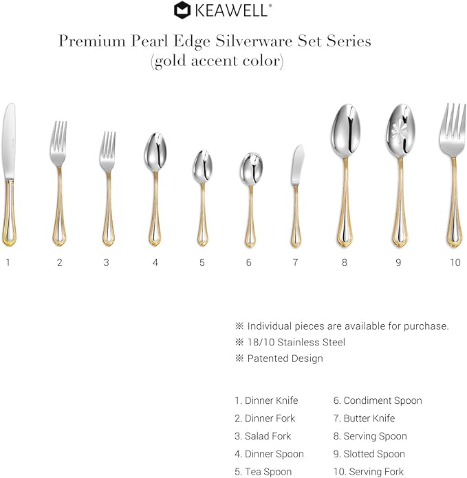 KEAWELL Pearl Edge Premium 45-Piece Refined Bead Silverware Set, 18/10 Stainless Steel, Service for 8, Fine Flatware Set with Serving Utensils, Dishwasher Safe (45, Gold Accent)