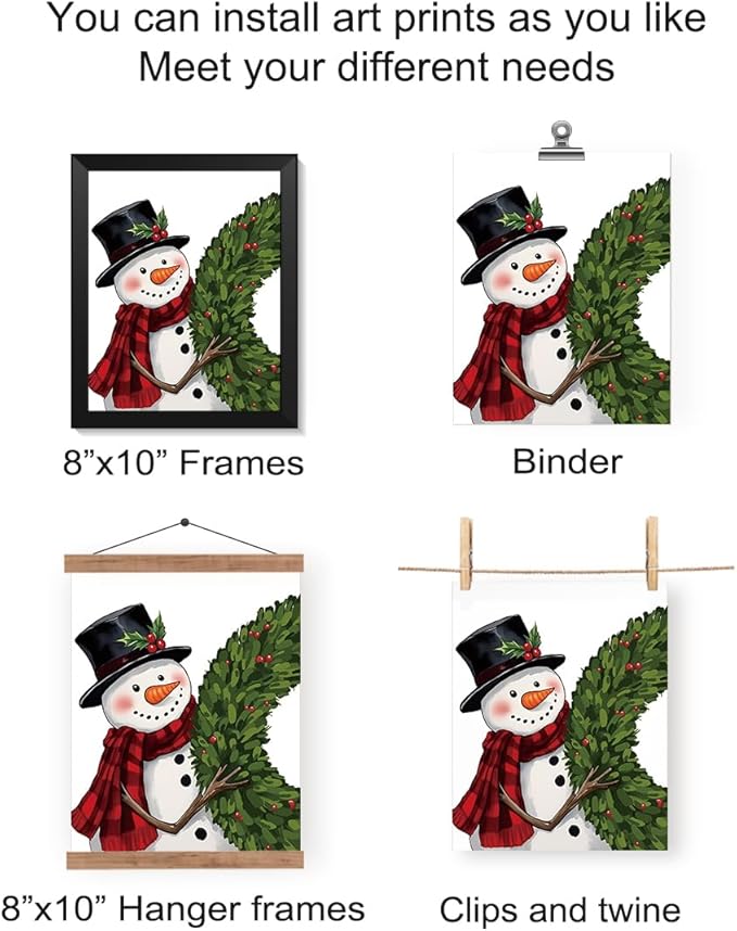 Wheatwin Christmas Decor, Merry Christmas Snowman Santa Claus Wall Art Prints Set of 4, Christmas Pictures Wall Decor for Farmhouse Living Room Bedroom Office, 8x10 (Unframed)