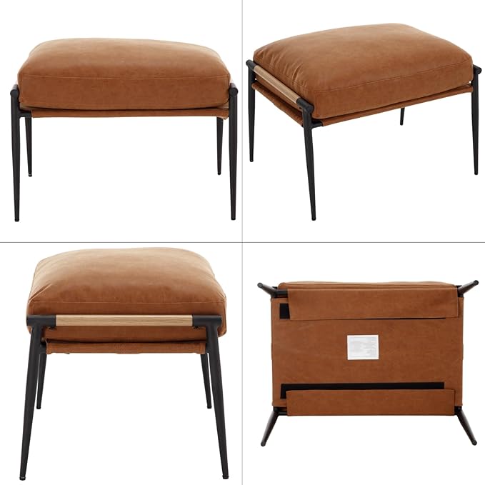 Mid-Century Ottoman, Soft PU Leather Entryway Bench Ottoman Foot Rest with Metal Legs Single Seat for Living Room Reading Room, Brown