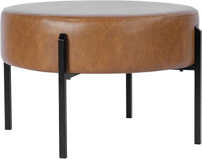 HomePop Modern Round Ottoman, Home Décor,Upholstered Round Velvet Foot Rest Ottoman - Carmel Faux Leather Small