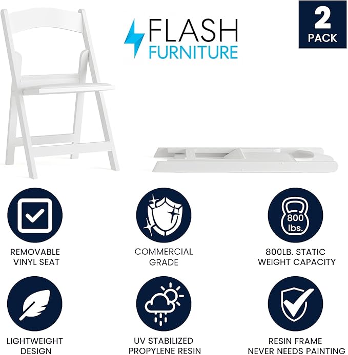 Flash Furniture Hercules Series Folding Chairs for Weddings and Formal Events, Stackable Commercial Event Seats with 1,000-lb. Static Weight Capacity, Set of 2, White