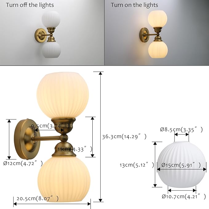 Pathson 2-Light Milk White Wall Sconces Striped Glass, Modern Bathroom Sconces Wall Vanity Light Fixtures Brass Finish, Vintage Wall Sconce Lamp for Mirror Living Room Bedroom Farmhouse Lighting