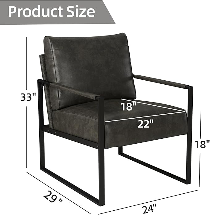INZOY Leather Accent Chair with Metal Frame Set of 2, Comfy Living Room Chair with Plump Backrest and Cushion, Mid Century Modern Chair with Sturdy Structure, Easy to Clean, Dark Grey