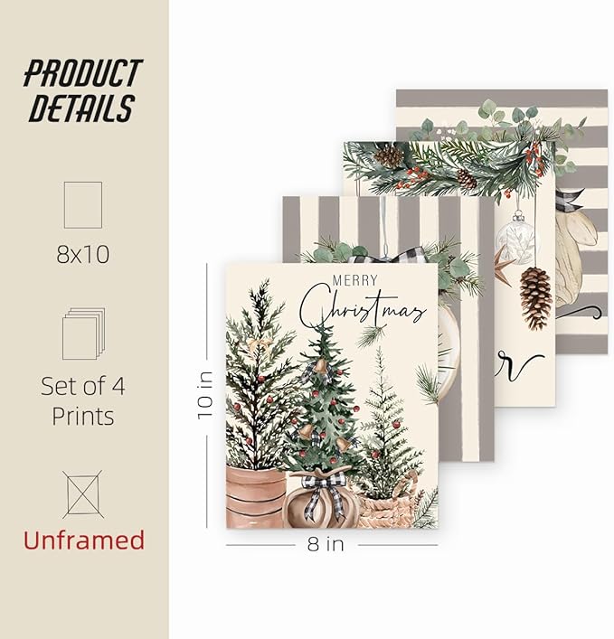 ETVISO Christmas Decor, Merry Christmas Wall Art Prints Set of 4, Retro Xmas Poster, Winter Holidays Gift Print Decor for Gallery Living Room Bathroom, 8x10 (Unframed)