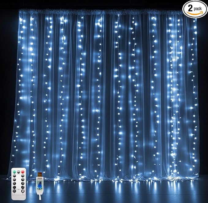 2 Pack Fairy Curtain Lights, 300 LED Upgraded Tangle-Free Hanging Lights with Remote, USB Plug in String Lights for Wall Window Wedding Party Xmas Home Décor - 9.8 x 9.8 Ft, Cool White