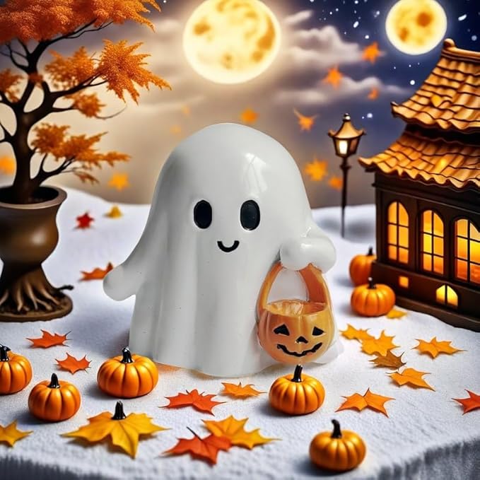 Halloween Ghost Figurine with Pumpkin Bucket, Resin Polished Cute Ghost Statue, Small Tabletop Halloween Ghost Decor for Home, Office, Tiered Tray, Fall Spooky Party Ornament