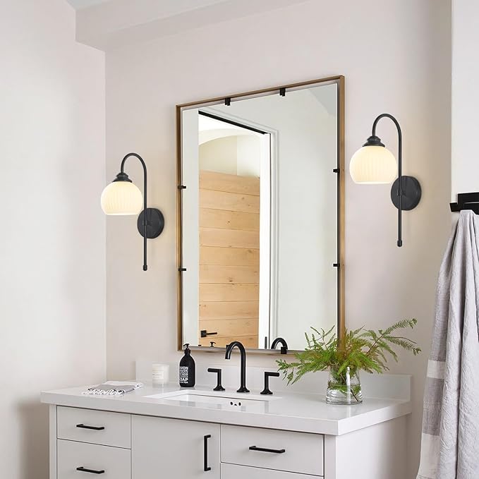 KCO Lighting Vintage Milk Glass Wall Sconce Industrial Black Globe Wall Sconce Set of 2 Mid Century Bathroom Vanity Light Frosted Glass Modern Sconces Wall Lighting