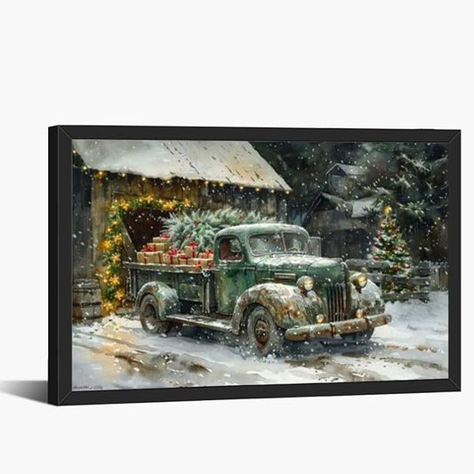 Medpol Vintage christmas truck wall art festive holiday decor canvas poster winter christmas gift snowy barn and tree for countryside cottage decor black framed16x12inch