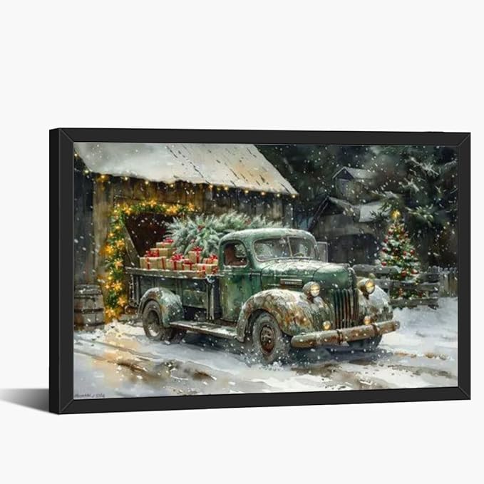 Medpol Vintage christmas truck wall art festive holiday decor canvas poster winter christmas gift snowy barn and tree for countryside cottage decor black framed24x16inch