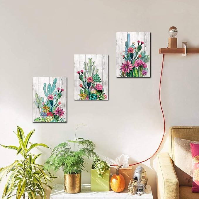 3 Piece Framed Wall Art Watercolor Tropical Plant Desert Cactus Canvas Print for Bedroom Bathroom Spiny Flower Artwork Home Office Wall Decoration 16x24 3 panels Decor