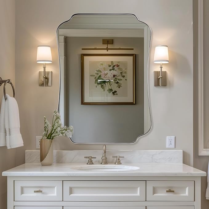 ANDY STAR 24"x36" Brushed Nickel Mirror, Scalloped Bathroom Wall Mirror with Metal Frame for Vanity, Vintage Design Ideal for Entryway, Living Room & Bedroom Decor