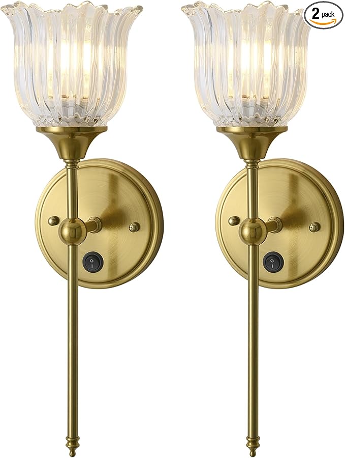 Modern Wall Sconces Set of 2 with Clear Flower Glass Shade, Mid Century Bathroom Vanity Wall Light Fixtures Gold Vintage Wall Lights with Switch for Mirror Bedroom Living Room
