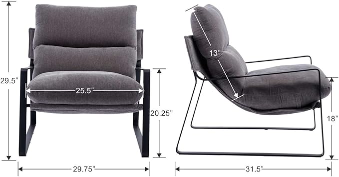 Mid-Century Accent Chair Set of 2, Comfy Linen Fabric Side Chair with Armrest, Upholstered Leisure Chair with Black Metal Frame for Living Room Bedroom Reception Room, Grey