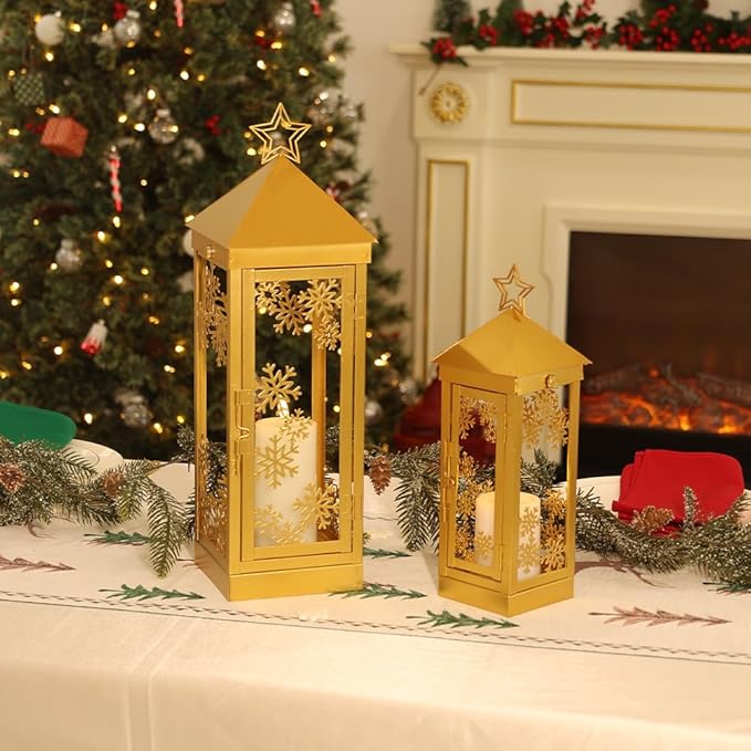 NEEDOMO Christmas Decorations Outdoor&Indoor, 17''/12'' Metal Candle Lantern Decor,Christmas Lanterns with Snowflakes Stars and LED Candle for Home Porch Patio Table Centerpieces, Xmas,No Glass