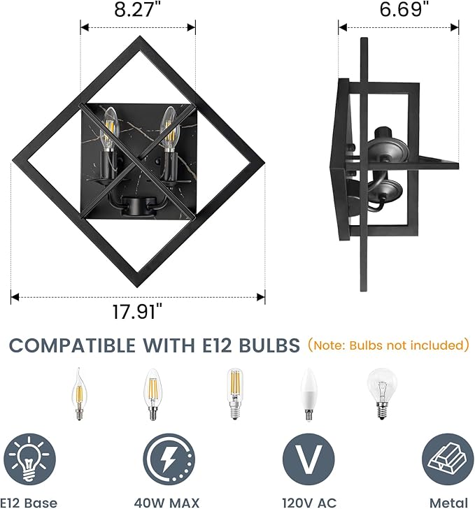 Black Wall Sconces,17.8in Rustic Wall Sconces Mount Lamp Indoor for Living Room Bedroom Bathroom Stairway(E12 Base, Bulbs Not Include 1Pack) Black Marble Texture