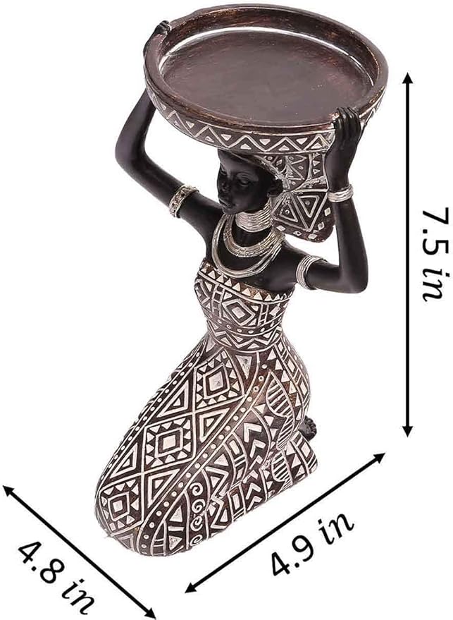 African Lady Figurine Candle Holder with African Tribal Totem for Wedding, Holiday Decor-African Decorative Women Statues, Candlestick Holder for Home and Table Decor(753-Brown)