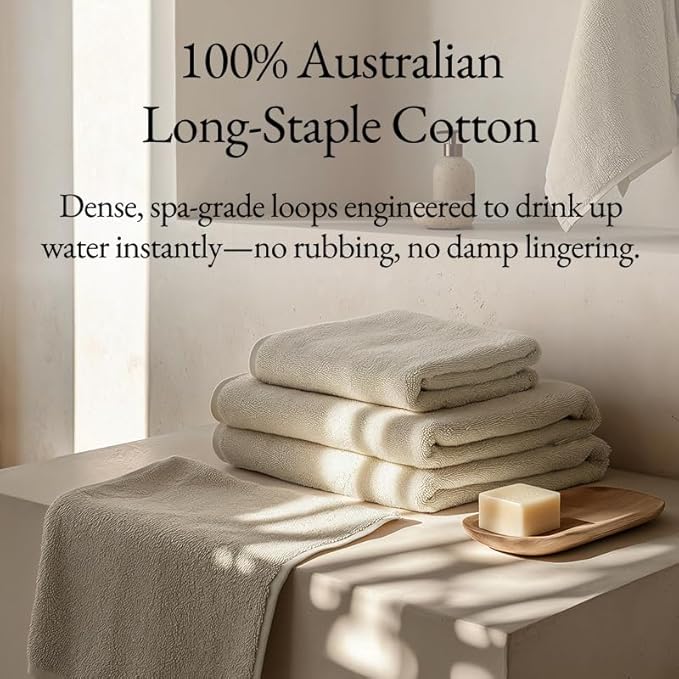 Italic Ultraplush 100% Australian Cotton Towels Standard 6 Piece Set, 2 Bath, 2 Hand, 2 Washcloths, 800GSM Lightweight, Highly Absorbent & Quick Drying Soft Resort Grade Towels (Sand)