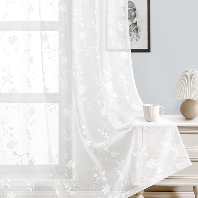 HOMEIDEAS White Sheer Curtains 96 Inches Long 2 Panels White Embroidered Floral Pattern Semi Sheer Window Curtains for Bedroom Living Room