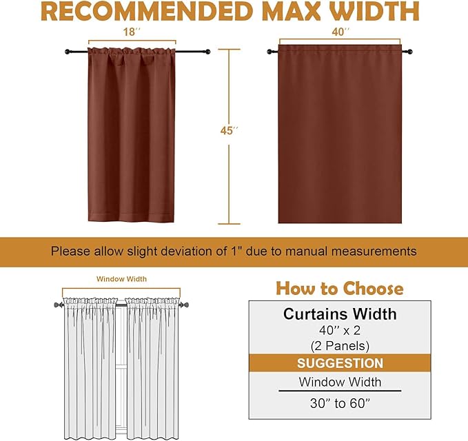 Aiyufeng Terracotta Short Blackout Curtains for Bedroom 45 Inches Long 2 Panels Set, Solid Thermal Insulated, Energy Saving Window Treatment Curtains Blackout Drapes, W40 x L45 Inch, Terracotta