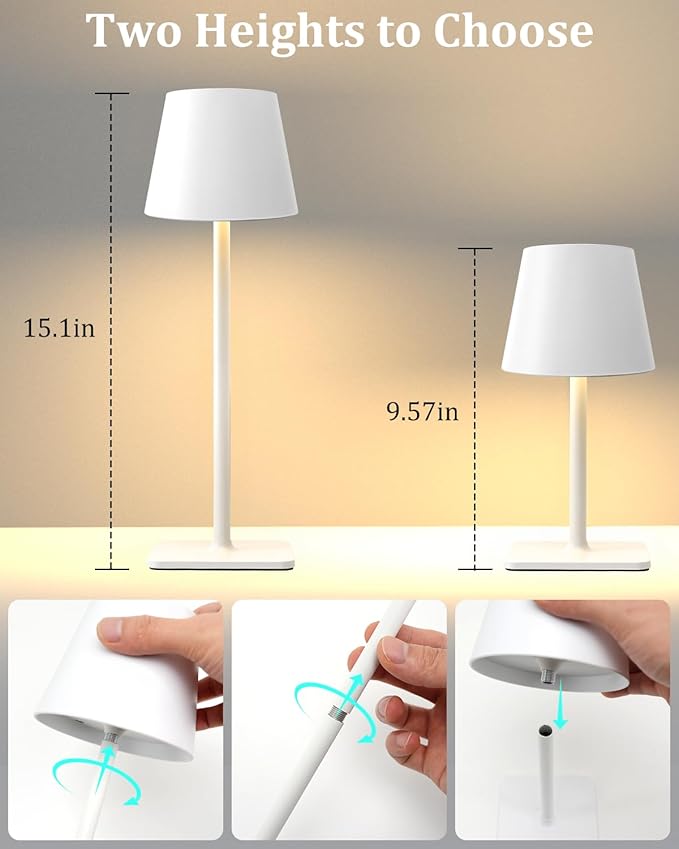 Cordless Table Lamp Rechargeable Lamps: 6000mAh Battery Operated Table Lamp Outdoor Waterproof, Touch Control, Portable Wireless Desk Lamp for Dinner/Bedroom/Restaurant (White2 Pack