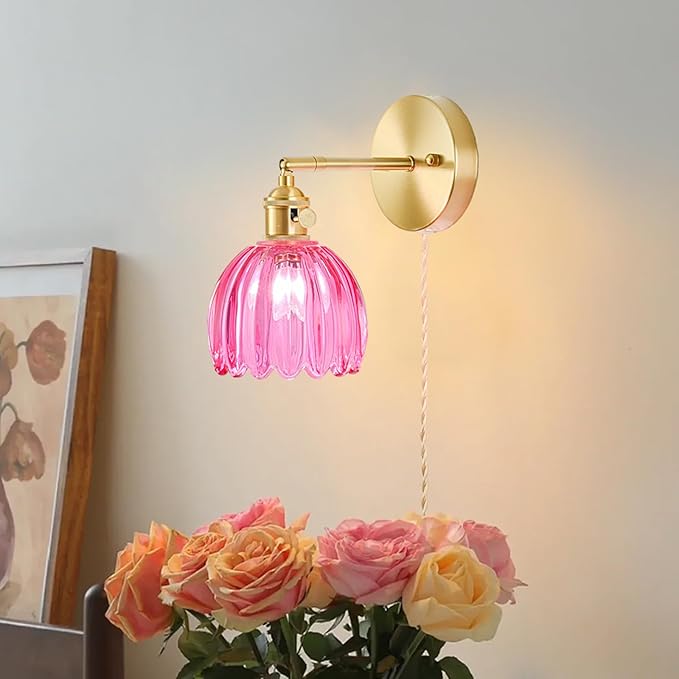 Plug in Wall Sconces Set of 2, Vintage Wall Sconce Light with Tulip Ruby Red Glass Lampshade, 180° Adjustable Wall Sconce with Switch and Plug in wall lamp Cord, Gold Wall Light Wall Decor Set of 2