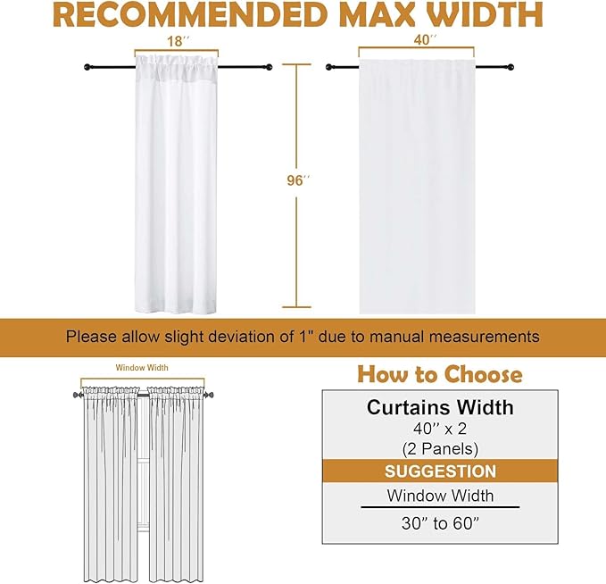 Aiyufeng Pure White Curtains for Bedroom 96 Inches Long 2 Panels Set, Room Darkening Window Treatment, Light Filtering Curtain Drapes, Soft Casual Rod Pocket Privacy Curtains, W40 x L96 Inch