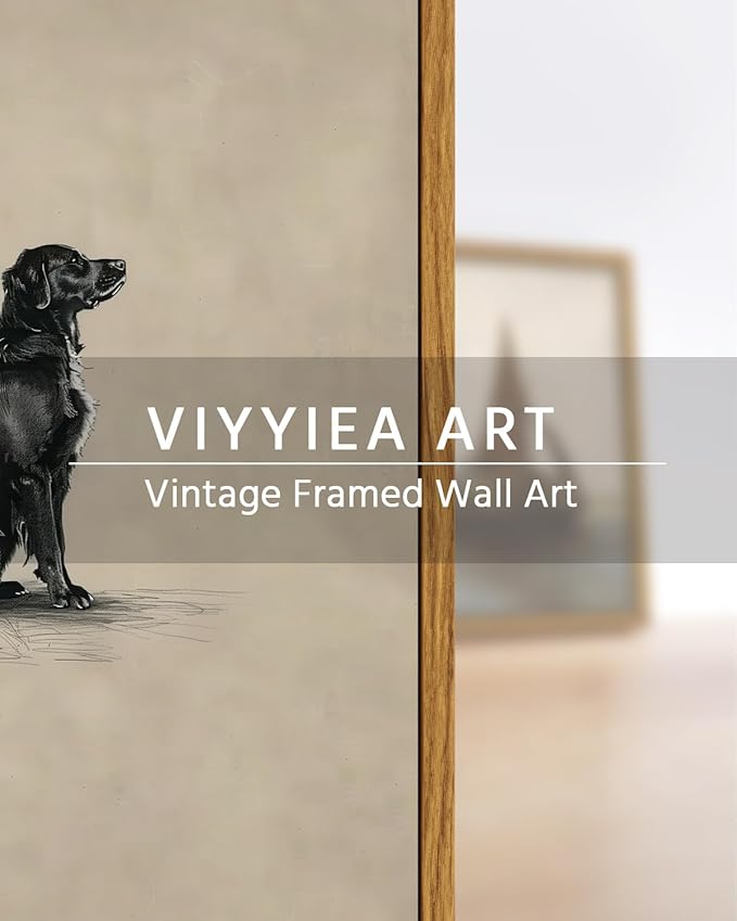 VIYYIEA Vintage Framed Black Dog Wall Art, Bedroom Living Room Minimalist Animal Art Decor, Antique Dog Canvas Print Paintings, Home Farmhouse Retro Still Life Decor, 8x10 Inch