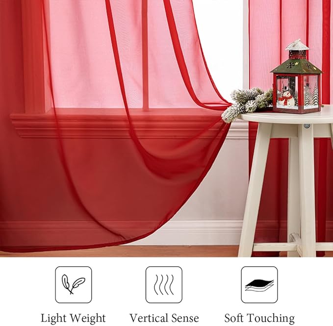 MIULEE 2 Panels Red Solid Color Sheer Christmas Window Curtains Elegant Window Voile Panels/Drapes/Treatment for Bedroom Living Room (54X96 Inches)